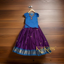 Load image into Gallery viewer, Collection Mahathi - Violet with Bright Blue Border Silk Cotton Skirt and Bright Blue Dupion Silk Blouse with Embroidery