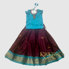 Load image into Gallery viewer, Collection Mahathi - Dark Brown with Aqua Blue Silk Cotton Skirt and Dupion Fine Silk Blouse with Embroidery