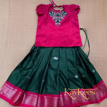 Load image into Gallery viewer, Collection Mahathi - Dark Green with Magenta Border Silk Cotton Skirt and Magenta Blouse with Lotus Embroidery
