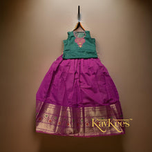 Load image into Gallery viewer, Collection Chakori - Magenta/Purple Checks-patterned Skirt having a long Benarasi Border with Green Embroidered Blouse