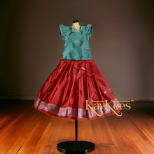 Load image into Gallery viewer, Collection Mahathi - Deep Red with Silver Zari Self border Silk Cotton Skirt and Leaf Green Silk Brocade Blouse