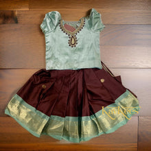 Load image into Gallery viewer, Collection Mahathi - Dark Brown with Sea Green Border Silk Cotton Skirt and Sea Green Silk Blouse with Embroidery