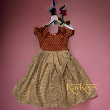 Load image into Gallery viewer, Collection Gowri - Beige Checks-patterned Chanderi Silk Cotton Long Frock/Gown with Dark Maroon Gold Brocade Bodice