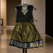 Load image into Gallery viewer, Collection Mahathi - Olive Green double shade with Black Border Silk Cotton Skirt and Black Blouse with Embroidery