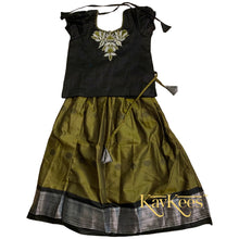 Load image into Gallery viewer, Collection Mahathi - Olive Green double shade with Black Border Silk Cotton Skirt and Black Blouse with Embroidery