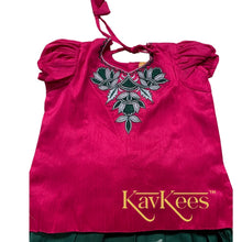 Load image into Gallery viewer, Collection Mahathi - Dark Green with Magenta Border Silk Cotton Skirt and Magenta Blouse with Lotus Embroidery