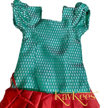 Load image into Gallery viewer, Collection Mahathi - Deep Red with Silver Zari Self border Silk Cotton Skirt and Leaf Green Silk Brocade Blouse