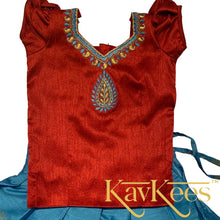 Load image into Gallery viewer, Collection Mahathi - Sky Blue with Red Border and Bright Red Dupion Blouse with Embroidery