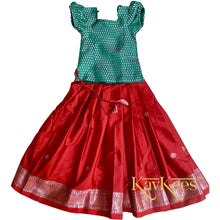 Load image into Gallery viewer, Collection Mahathi - Deep Red with Silver Zari Self border Silk Cotton Skirt and Leaf Green Silk Brocade Blouse