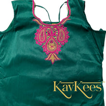 Load image into Gallery viewer, Collection Chakori - Magenta/Purple Checks-patterned Skirt having a long Benarasi Border with Green Embroidered Blouse