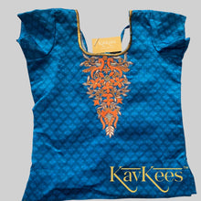 Load image into Gallery viewer, Collection Rekha - Rose Pink colour skirt having gold stripes with Cobalt Blue Cotton Brocade Embroidered Blouse