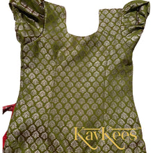 Load image into Gallery viewer, Collection Mahathi - Deep Red with Silver Zari Self border Silk Cotton Skirt and Olive Green Silk Brocade Blouse