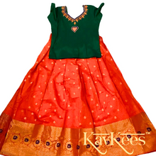Load image into Gallery viewer, Collection Chandira- Bright Orange Chanderi Cotton Silk with Leaf Green Dupion Silk Blouse
