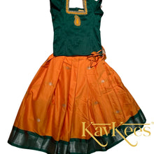 Load image into Gallery viewer, Collection Mahathi - Bright Yellow with Leaf Green Border Silk Cotton Skirt and Leaf GreenBlouse with Embroidery