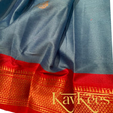 Load image into Gallery viewer, Collection Mahathi - Sky Blue with Red Border and Bright Red Dupion Blouse with Embroidery