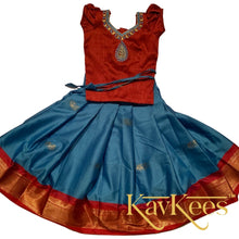Load image into Gallery viewer, Collection Mahathi - Sky Blue with Red Border and Bright Red Dupion Blouse with Embroidery