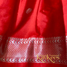 Load image into Gallery viewer, Collection Mahathi - Deep Red with Silver Zari Self border Silk Cotton Skirt and Leaf Green Silk Brocade Blouse