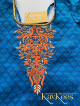 Load image into Gallery viewer, Collection Rekha - Rose Pink colour skirt having gold stripes with Cobalt Blue Cotton Brocade Embroidered Blouse