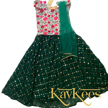 Load image into Gallery viewer, Collection Gagana - Bottle Green with all over Gold sequence work Georgette Lehenga with Beige Assam Silk with all-over Embroidered Blouse