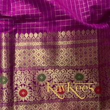 Load image into Gallery viewer, Collection Chakori - Magenta/Purple Checks-patterned Skirt having a long Benarasi Border with Green Embroidered Blouse