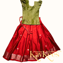 Load image into Gallery viewer, Collection Mahathi - Deep Red with Silver Zari Self border Silk Cotton Skirt and Olive Green Silk Brocade Blouse
