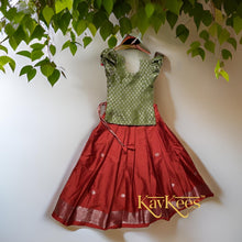 Load image into Gallery viewer, Collection Mahathi - Deep Red with Silver Zari Self border Silk Cotton Skirt and Olive Green Silk Brocade Blouse
