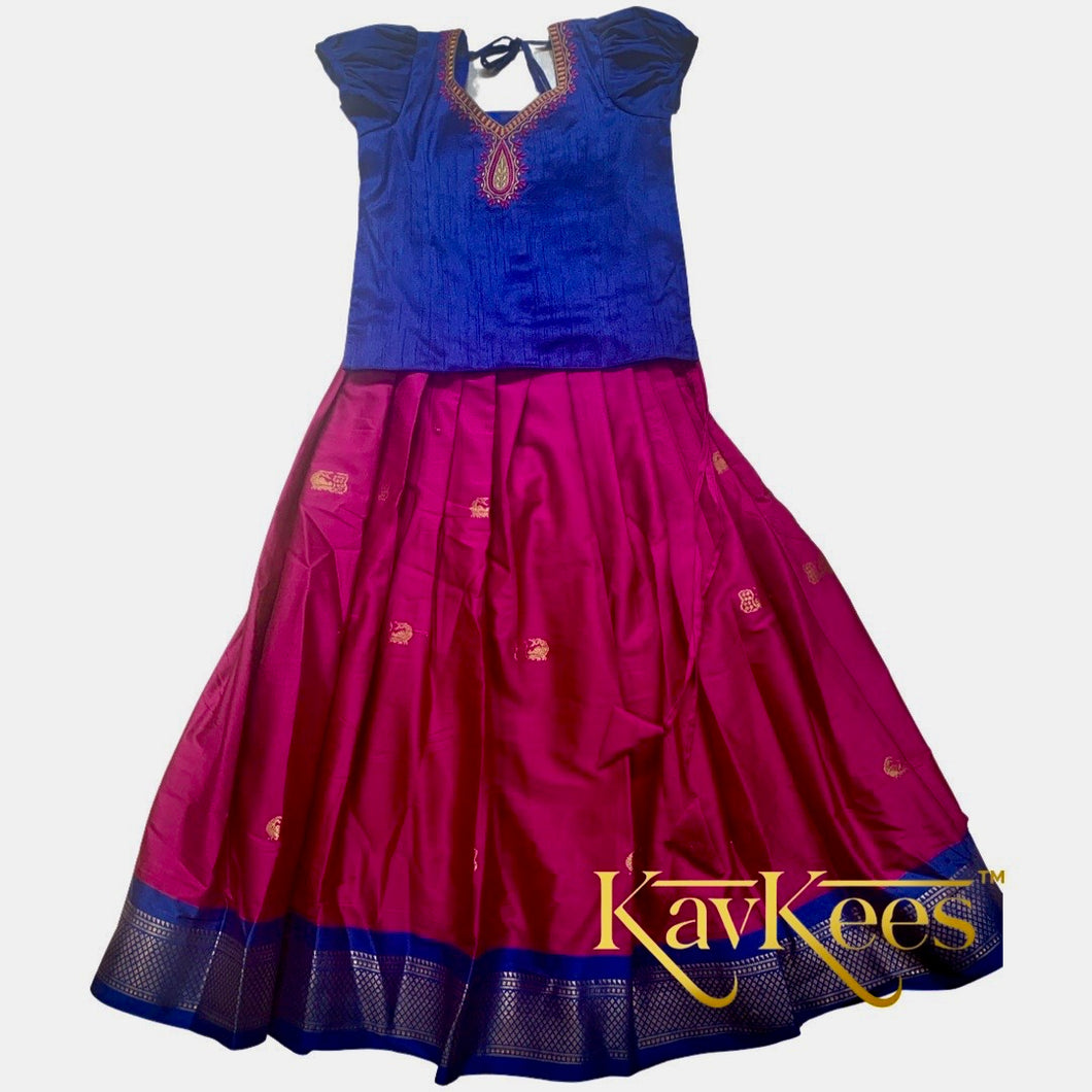 Collection Mahathi - Magenta Pink with Navy Blue Border and Navy Blue Dupion Blouse with Embroidery