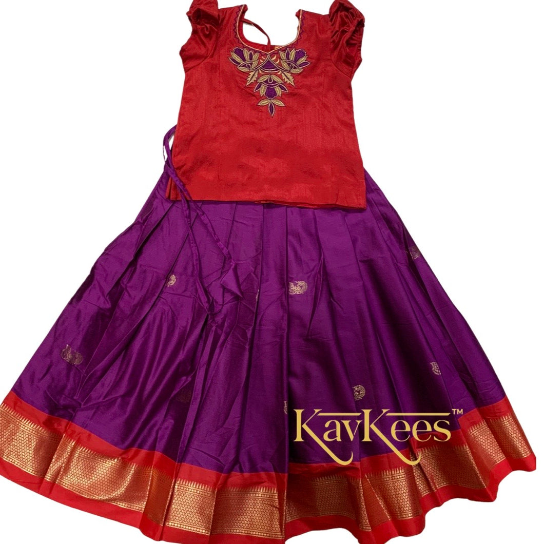 Collection Mahathi - Purple with Red Border and Bright Red Dupion Blouse with Lotus Embroidery