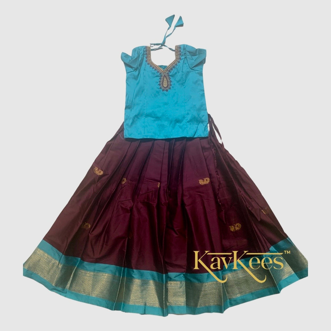 Collection Mahathi - Dark Brown with Aqua Blue Silk Cotton Skirt and Dupion Fine Silk Blouse with Embroidery