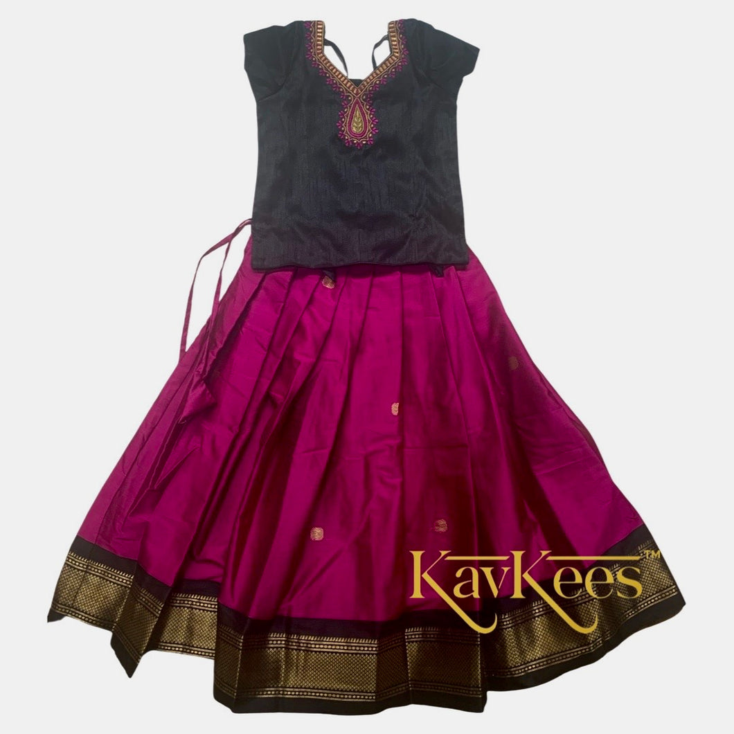 Collection Mahathi - Dark Pink with Black Border Silk Cotton Skirt and Black Dupion Silk Blouse with Embroidery