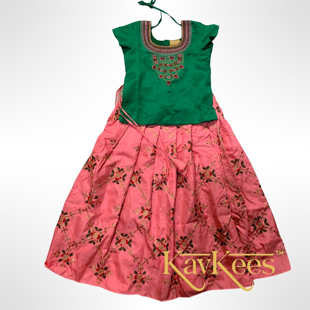 Collection Jalaja - Rose Pink Jalpari Silk With Intricate All-over Flower Embroidered Lehenga with Bright Green Dupion Silk  Embroidered Blouse with Beige net dupatta