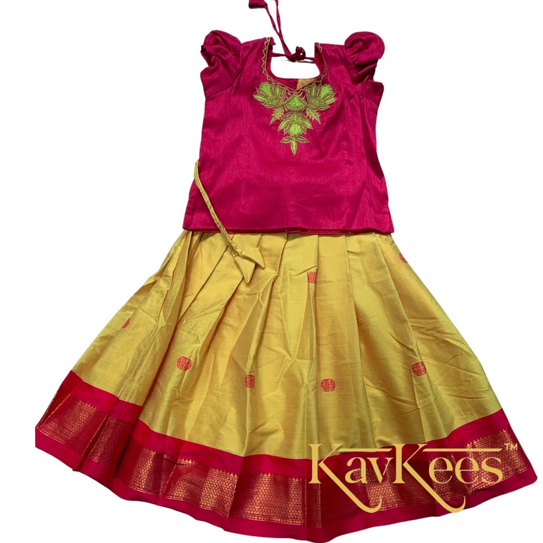 Collection Mahathi - Yellow with Bright Pink Border and Bright Pink Dupion Blouse with Green Embroidery