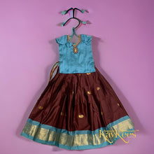 Load image into Gallery viewer, Collection Mahathi - Dark Brown with Aqua Blue Silk Cotton Skirt and Dupion Fine Silk Blouse with Embroidery
