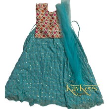 Load image into Gallery viewer, Collection Gagana - Turquoise Green with all over Gold sequence work Georgette Lehenga with Assam Silk with all-over Embroidered Blouse
