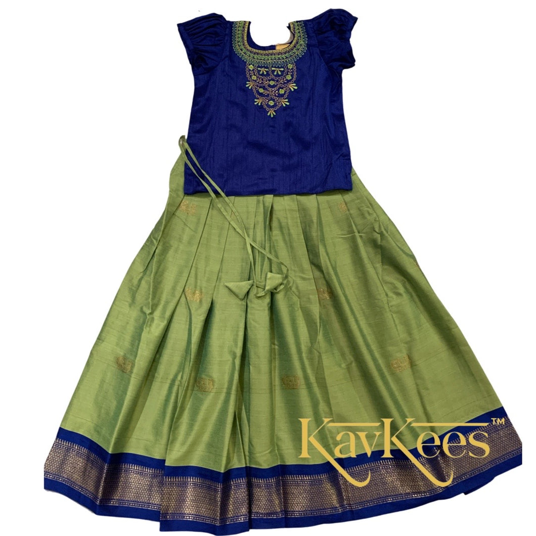Collection Mahathi - Parrot Green with Navy Blue Border Silk Cotton Skirt and Navy Blue Blouse with Necklace Embroidery