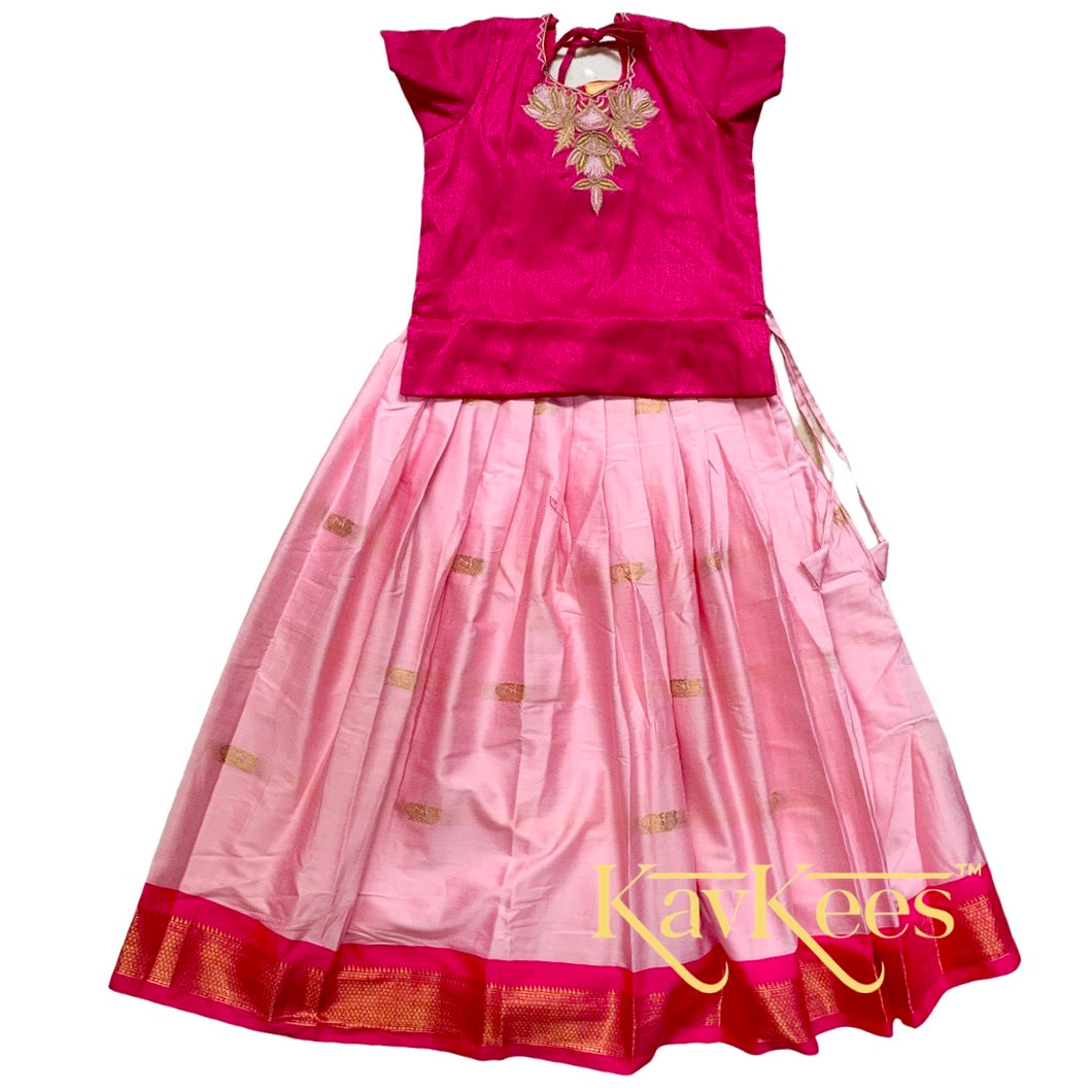 Collection Mahathi - Baby Pink with Hot Pink Border and Hot Pink Dupion Blouse with Pink and Gold Lotus Embroidery