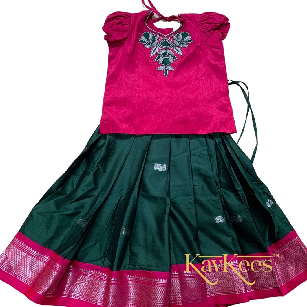 Collection Mahathi - Dark Green with Magenta Border Silk Cotton Skirt and Magenta Blouse with Lotus Embroidery