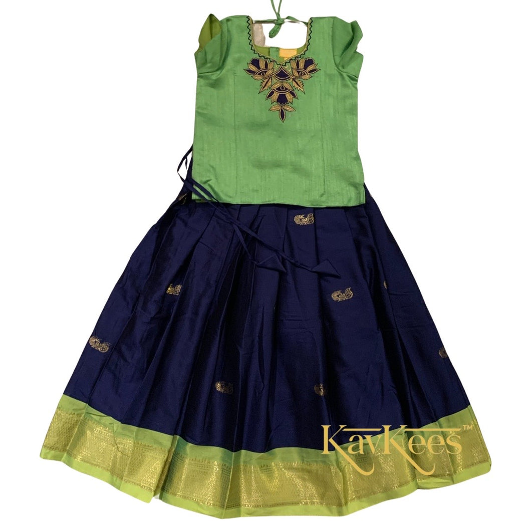 Collection Mahathi - Navy Blue with Parrot Green Border and Parrot Green Dupion Silk Blouse with Lotus Embroidery