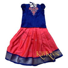 Load image into Gallery viewer, Collection Mahathi - Bright Pink with Navy Blue Border Silk Cotton Skirt and  Navy Blue Blouse with Lotus Embroidery
