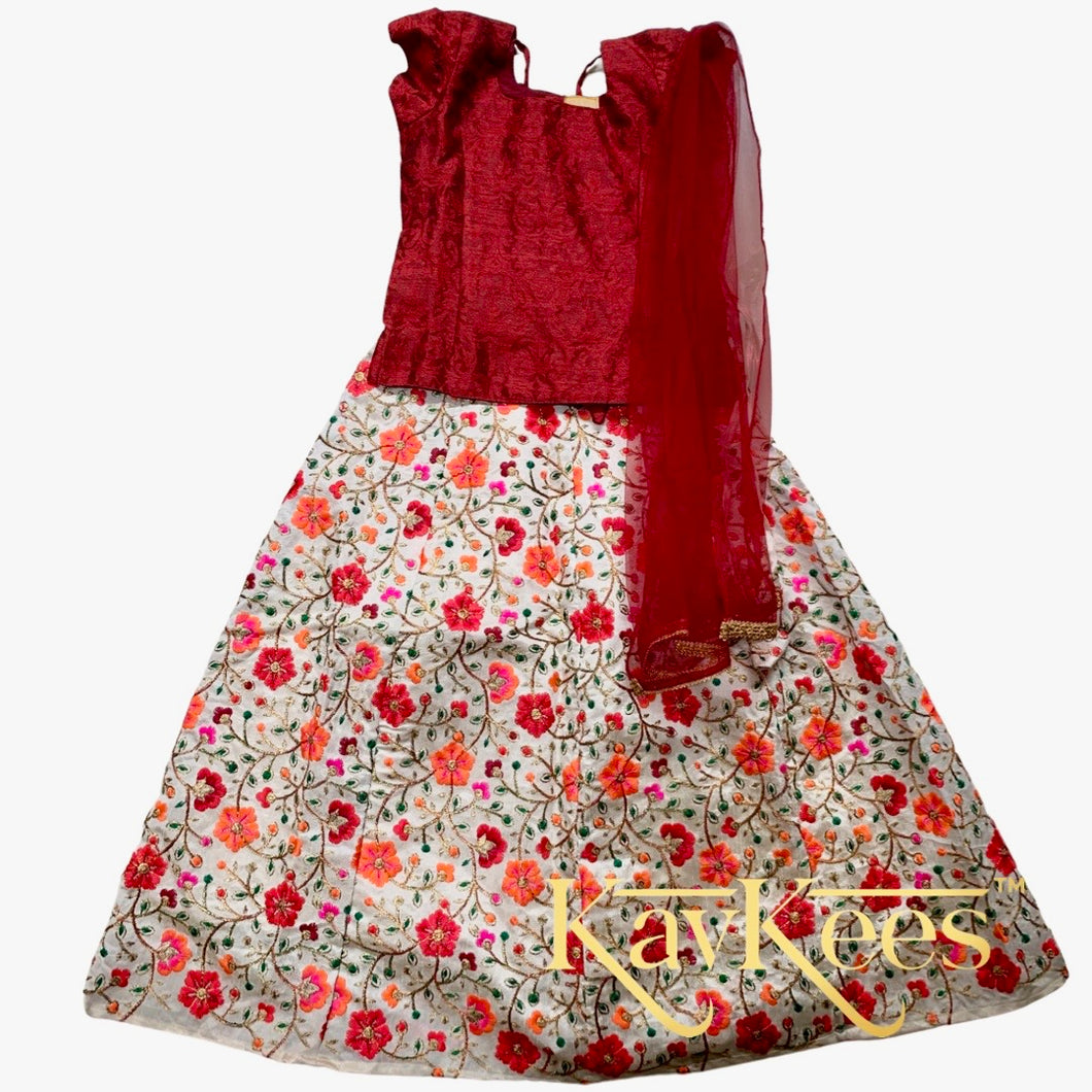 Collection Aseema - Off-White With Intricate All-over Flower Embroidered Silk Lehenga with Dark Red Cotton-silk Brocade Blouse with Red net dupatta
