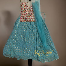 Load image into Gallery viewer, Collection Gagana - Turquoise Green with all over Gold sequence work Georgette Lehenga with Assam Silk with all-over Embroidered Blouse
