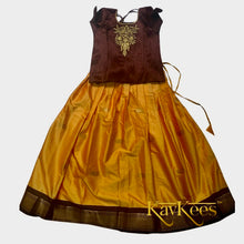 Load image into Gallery viewer, Collection Mahathi - Yellow with Dark Brown Border and Dark Brown Dupion Blouse with Embroidery
