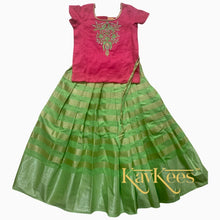 Load image into Gallery viewer, Collection Rekha - Parrot Green colour skirt having gold stripes with Bright Pink Dupion Silk Embroidered Blouse
