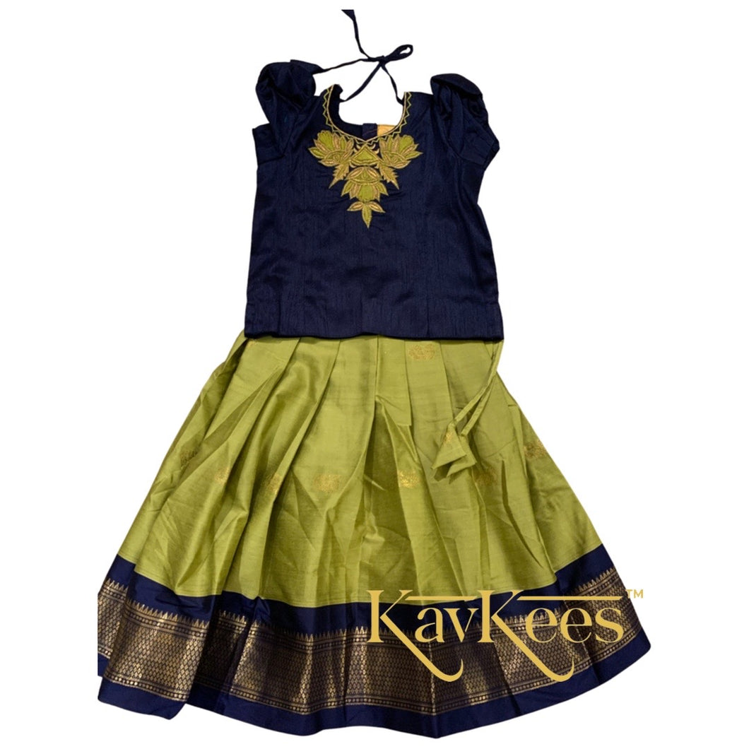 Collection Mahathi - Bright Olive with Navy Blue Border Silk Cotton Skirt and Navy Blue Blouse with Lotus Embroidery