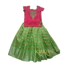 Load image into Gallery viewer, Collection Rekha - Parrot Green colour skirt having gold stripes with Bright Pink Dupion Silk Embroidered Blouse
