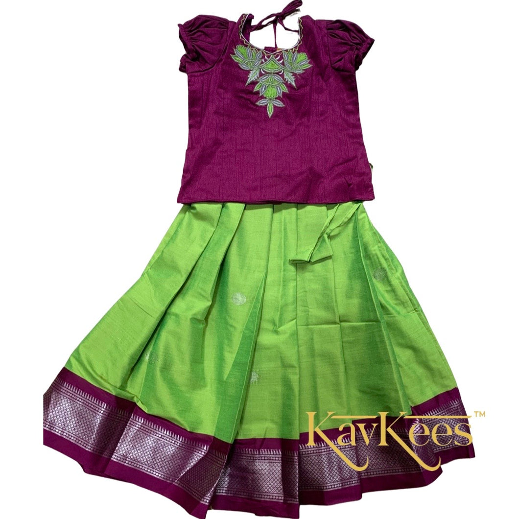 Collection Mahathi- Parrot Green with Purple Paithani Silk Cotton Skirt with Lotus Embroidered Purple Blouse