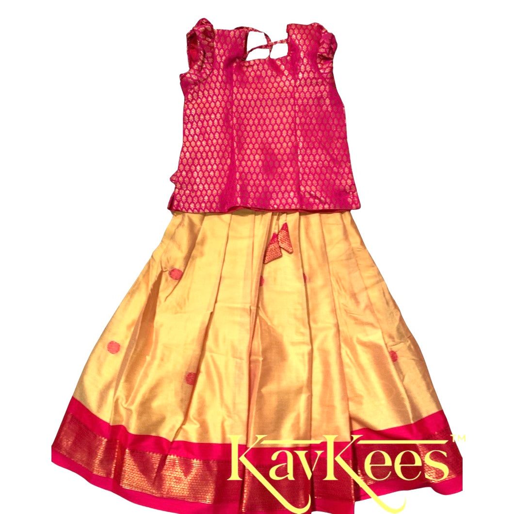 Collection Mahathi - Bright Yellow with Hot Pink Paithani Silk-Cotton Skirt and Hot Pink Brocade Blouse
