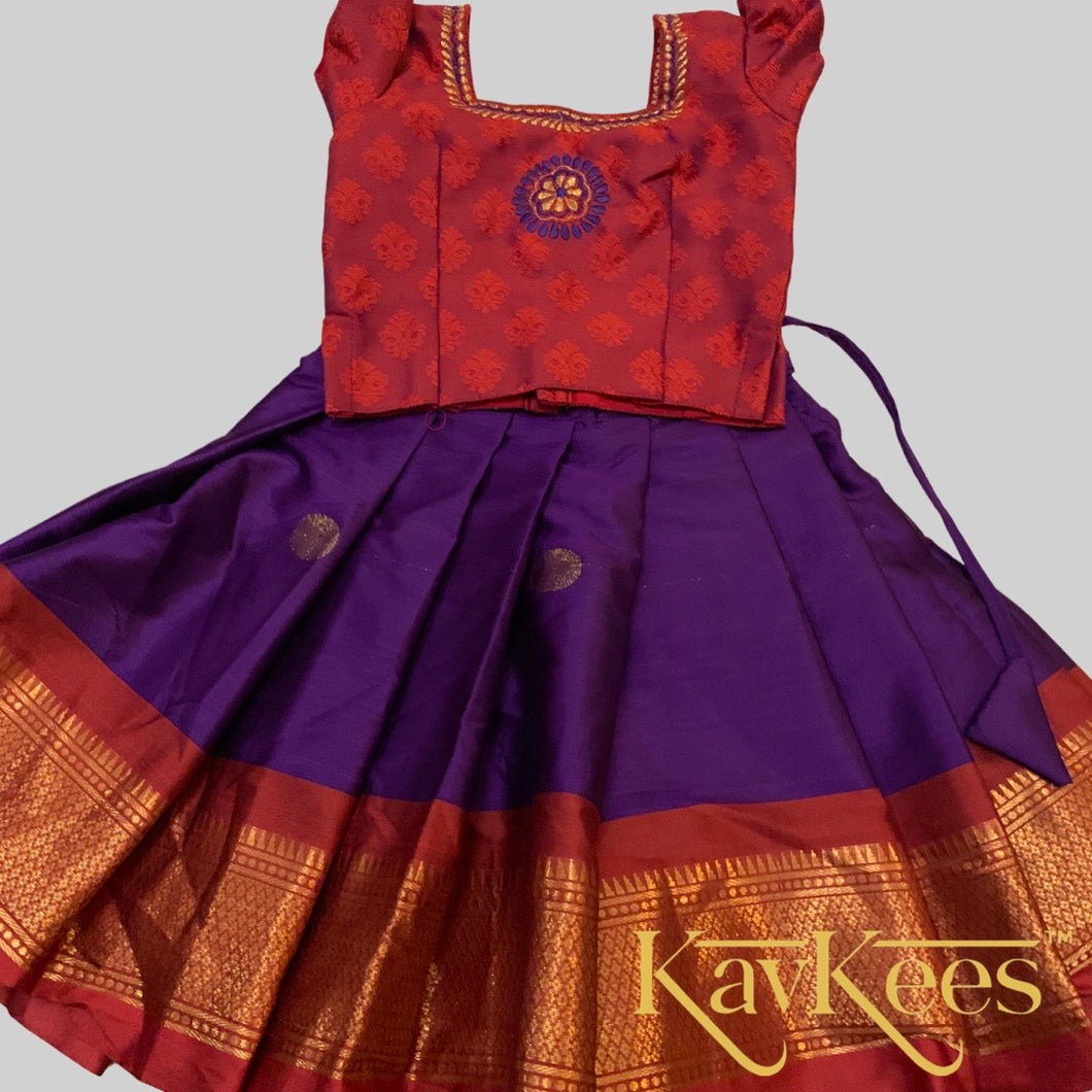 Collection Mahathi- Dark Purple with Bright Red Border with Red Cotton Brocade Blouse with Embroidery