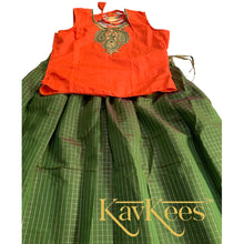Load image into Gallery viewer, Collection Chakori - Forest Green Checks-patterned Skirt having a long Benarasi Border with Bright Red Embroidered Blouse

