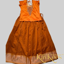 Load image into Gallery viewer, Collection Chakori - Copper brown all over Silver, Gold checkered Skirt with Honey Yellow Embroidered Blouse
